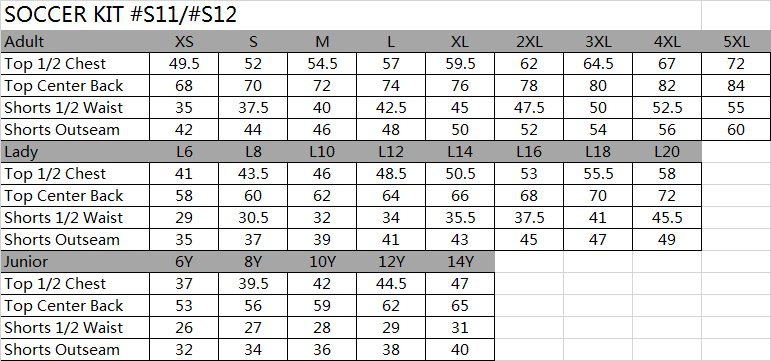 soccer t-shirt size chart,soccer tee size chart,soccer shorts size chart,soccer lady jersey size chart